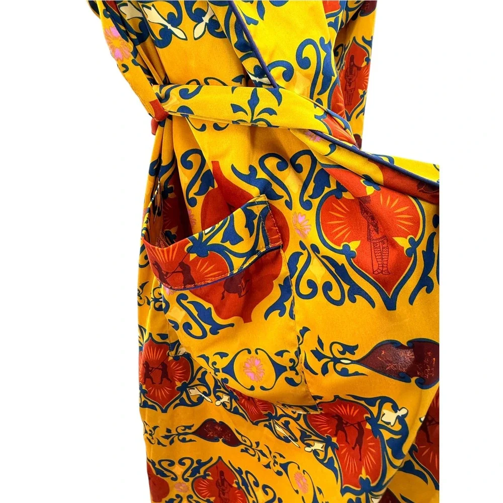 Movement of the People Yellow Heraldic Print Robe Duster XS/S Belted Pockets